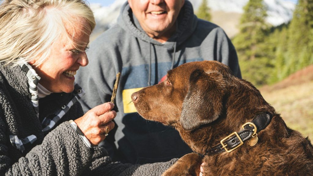 man in black jacket holding brown short coated dog